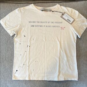 Women's aged white cotton T-shirt with print and embroidery
